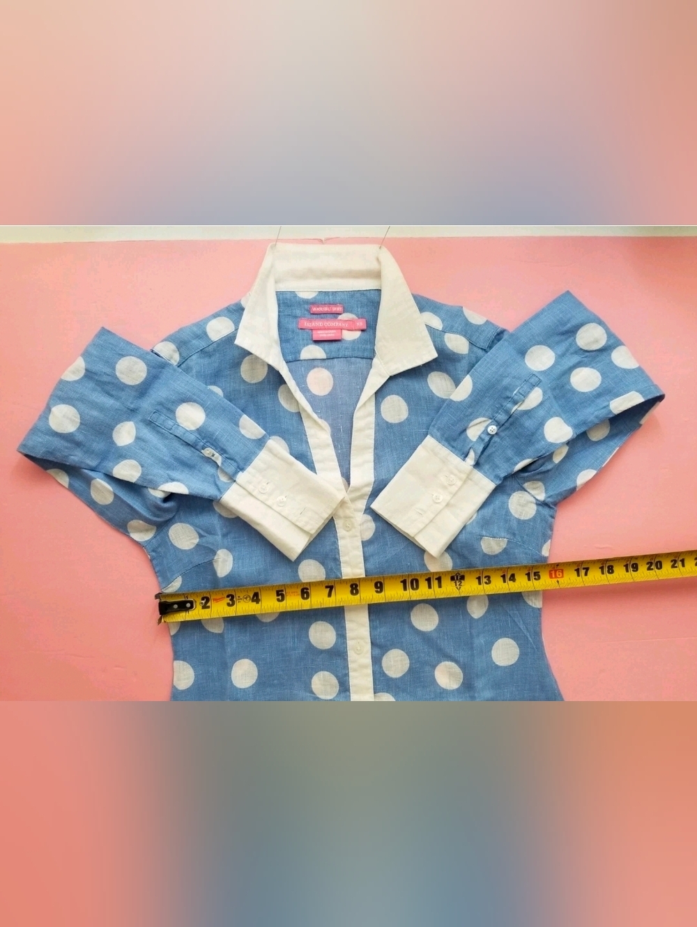 Island Company Linen Button Down Shirt Blouse  Blue/White Polka Dot Size  XS - Picture 7 of 14